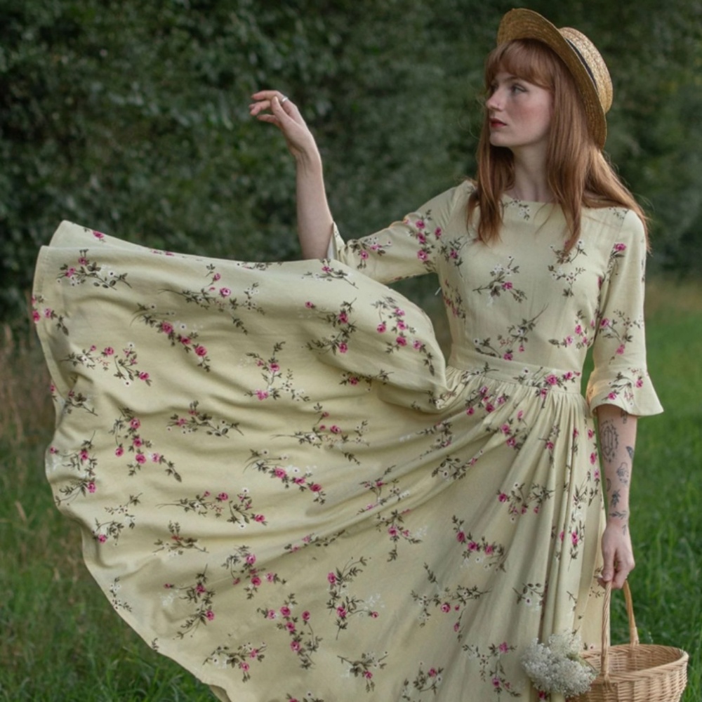 Xiaolizi yellow floral linen blend dress, fits XS/S